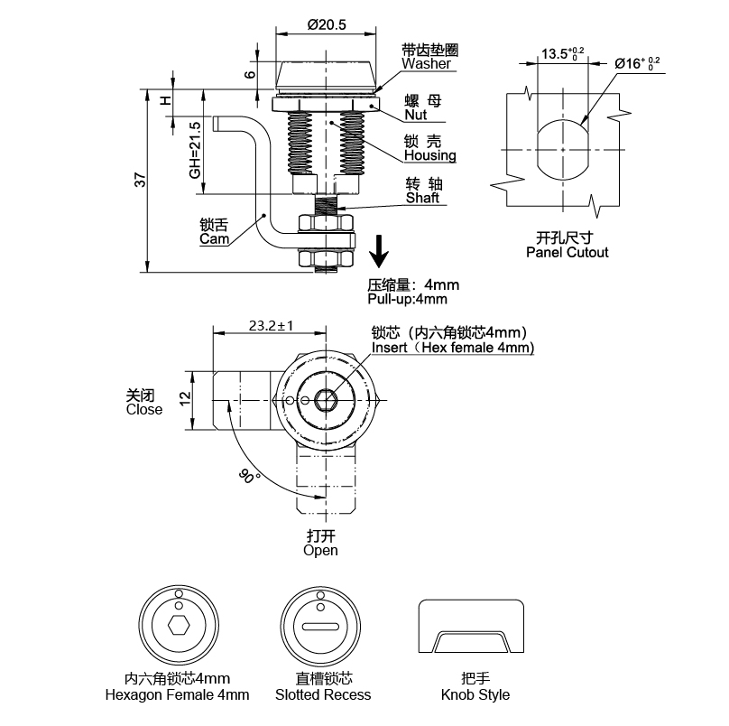 压缩式门锁 1421系列 小型 可调间距